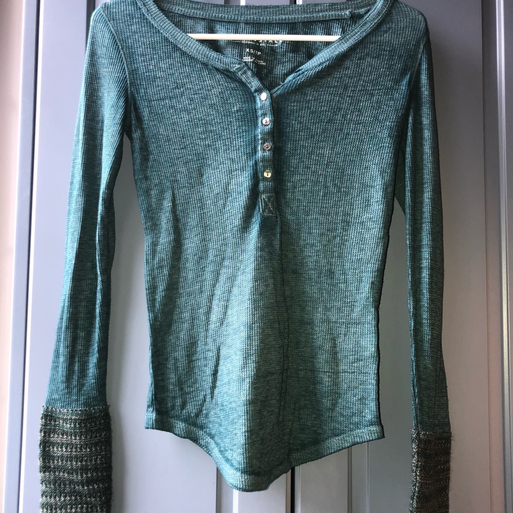 Teal Button Shirt with Knitted Sleeves